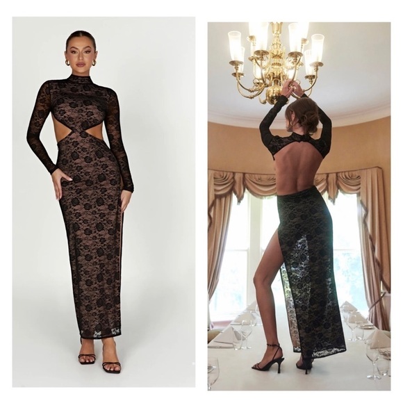 MESHKI Callista Black Lace Cutout Long Sleeve Open Back High Neck Maxi Dress 3XL - Picture 1 of 8
